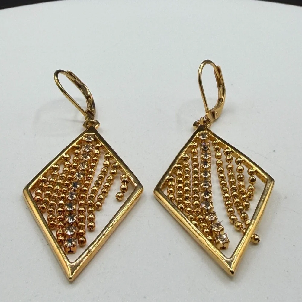 Gold Tone Rhinestone Diamond Shape Dangle Earrings Beaded Fringe Statement Party
